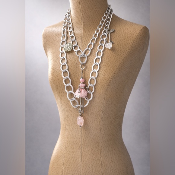 NWT Boho Charm Necklace with Pink Doll Pendant | Chunky Silver Artisan Chain - Picture 6 of 9